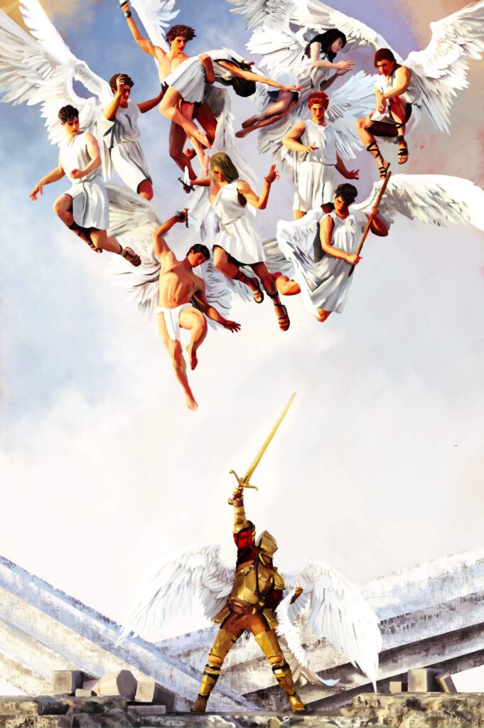 Angels descending on Chamuel as he raises his sword to challenge them