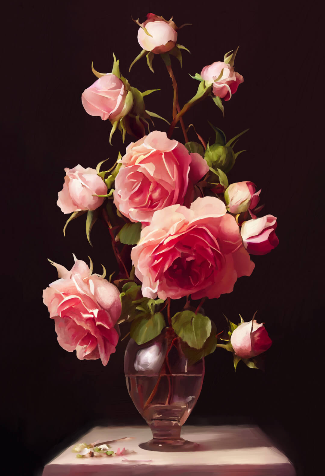 Digital oil painting of roses in the Baroque style.