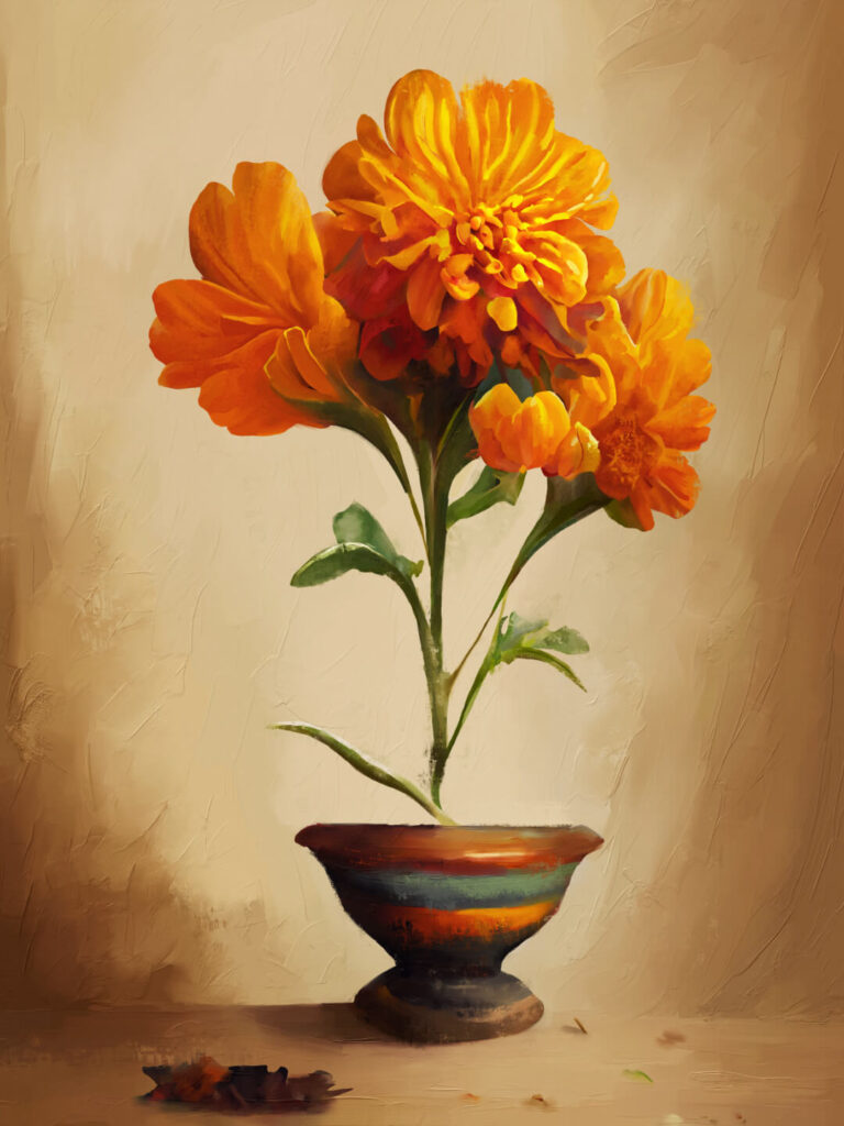 Digital oil painting of three marigold flowers.