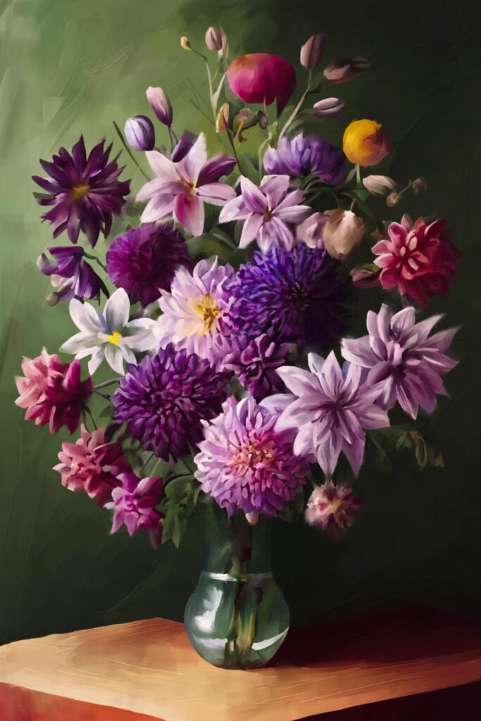 Bouquet of dahlias and other flowers in a vase, sitting on a table.