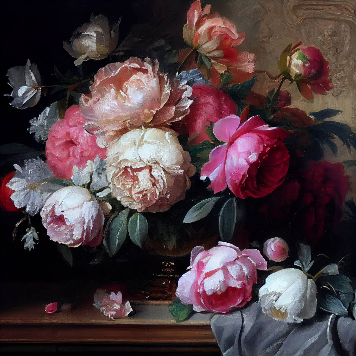 Bouquet of Dutch peonies on a table, painted in the Baroque style.