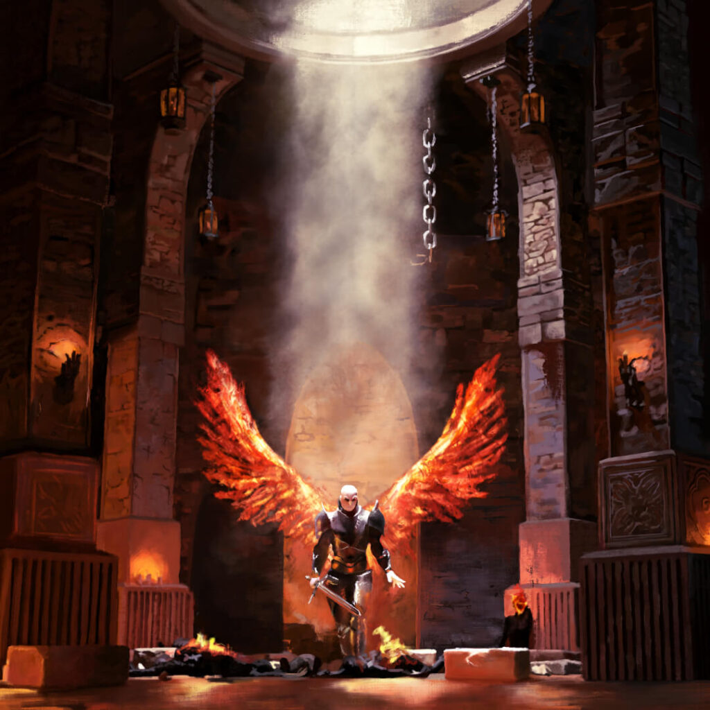 Archangel Uriel as the angel of wrath, killing humans in a dungeon.