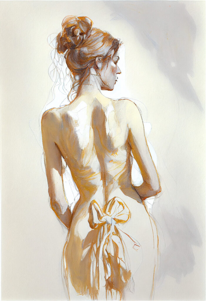Figure study of the back of a nude female in pastel and pencil