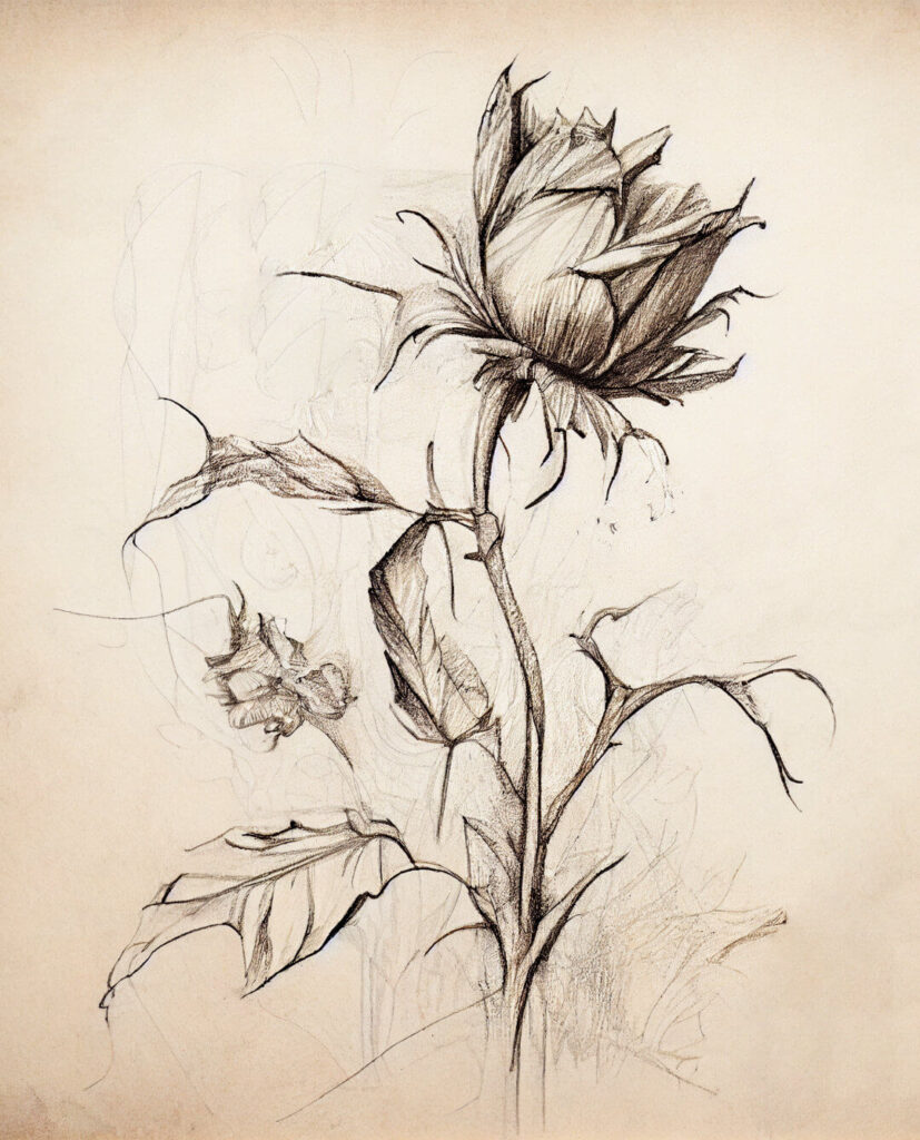 A pencil drawing of a rose on paper.