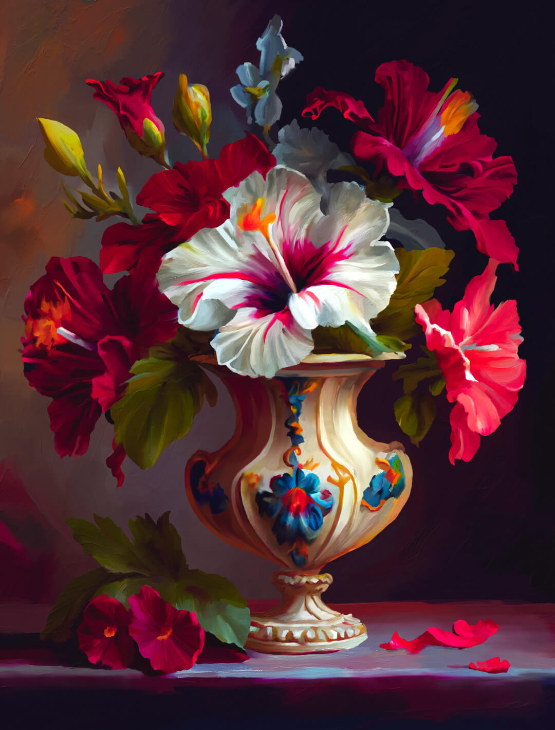 A Baroque-style painting of hibiscus flowers in a fancy vase, sitting on a table.