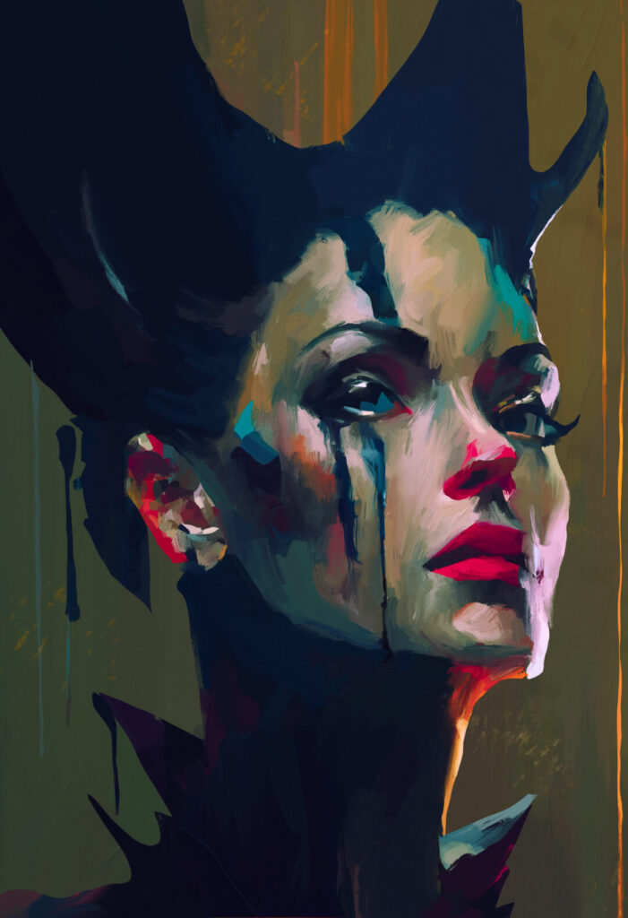 A drippy digital oil painting of Maleficent in the style of Nicolas de Stael.