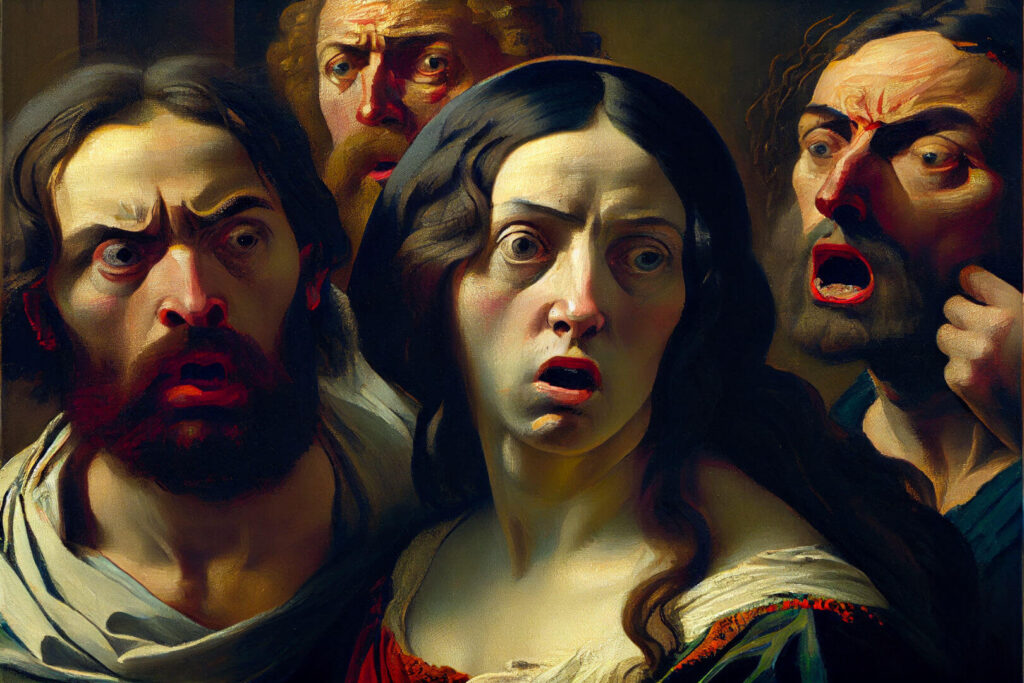 A Renaissance painting with four figures looking disgusted.