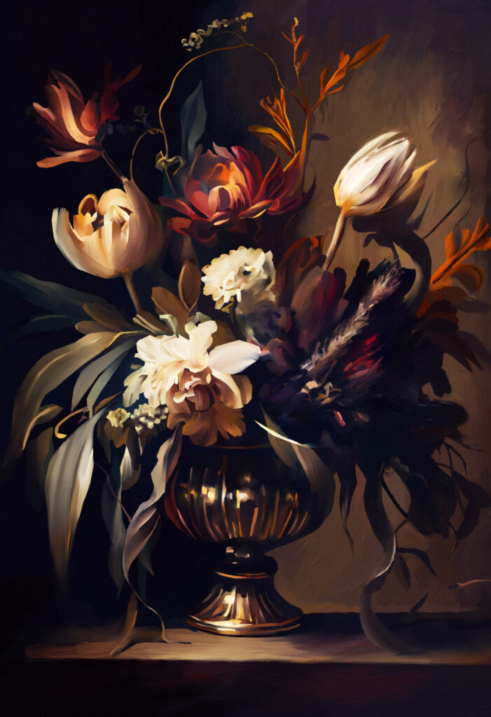 Baroque painting of a colorful bouquet of flowers in a copper vase on a wooden table. Detailed and vibrant, with a dark background.