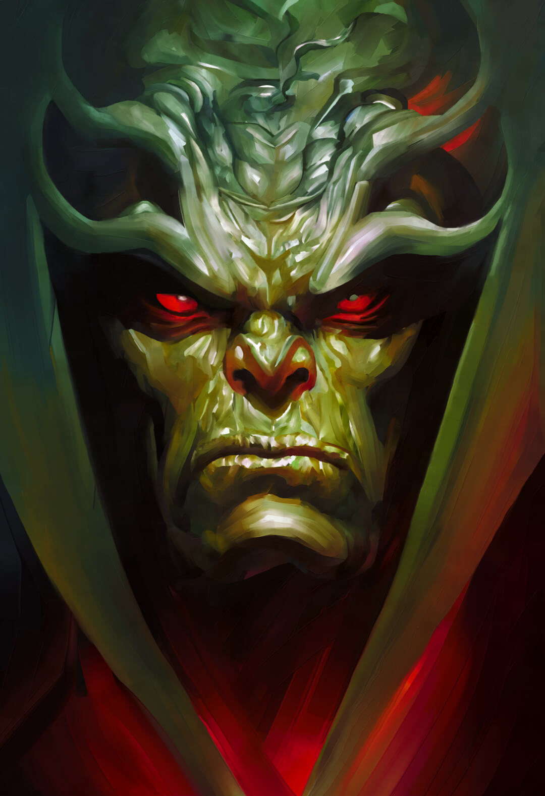 Portrait of a reptilian-looking deity with rubbery green skin and glowing red eyes.