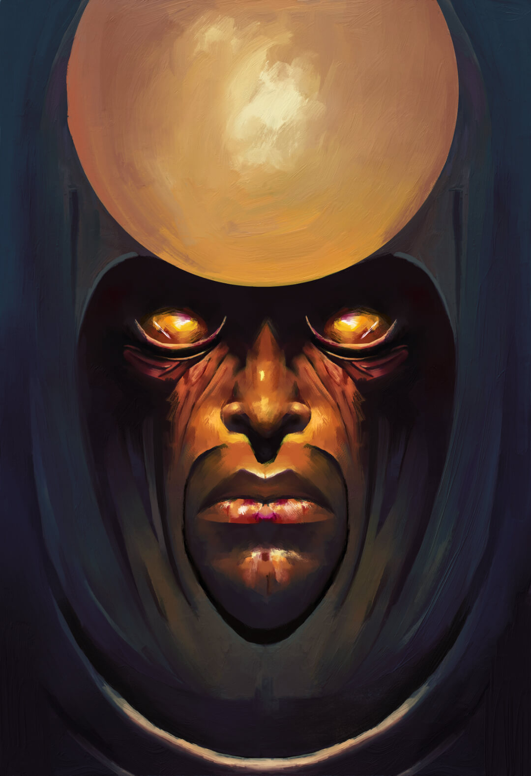 Portrait of a hooded middle-eastern deity with amber eyes and a golden ball floating above his head.