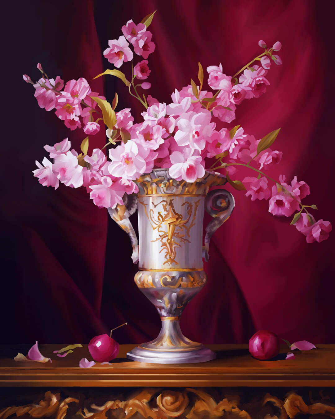 In this painting, a silver vase holds delicate cherry blossoms, with a vibrant red curtain serving as a striking backdrop.