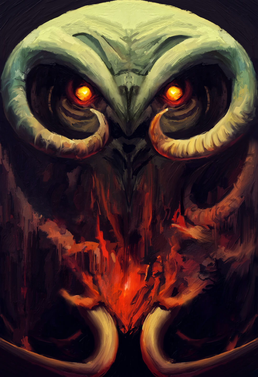Portrait of a horned nightmare creature with glowing yellow eyes.
