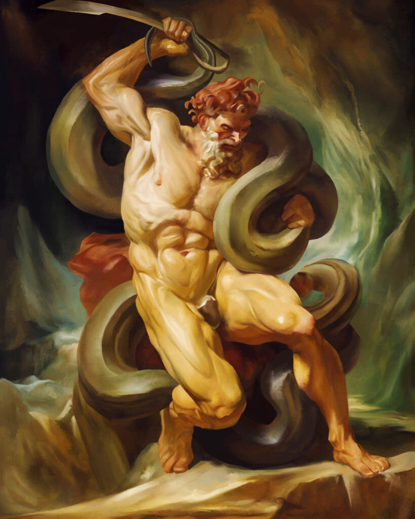 Digital painting of Hercules fighting the Hydra.
