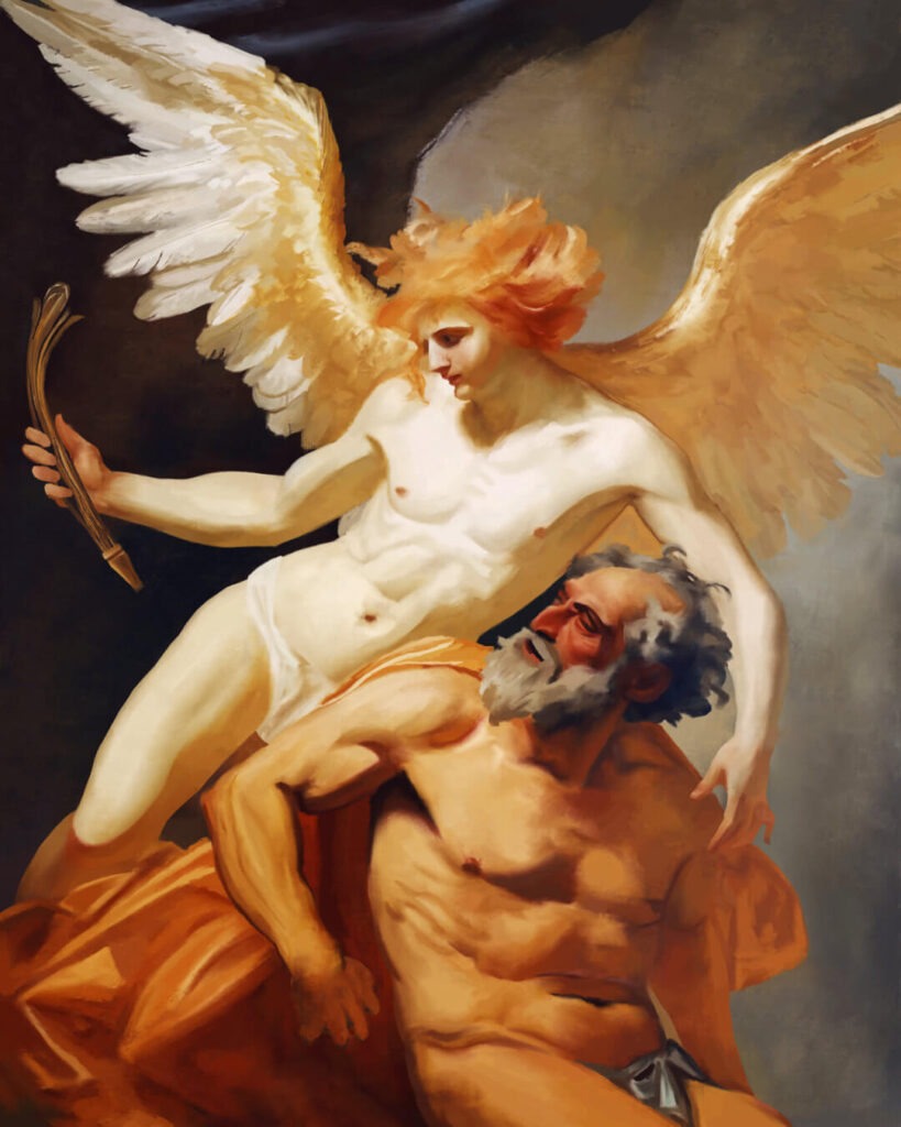 Digital painting of Icarus and Daedelus.