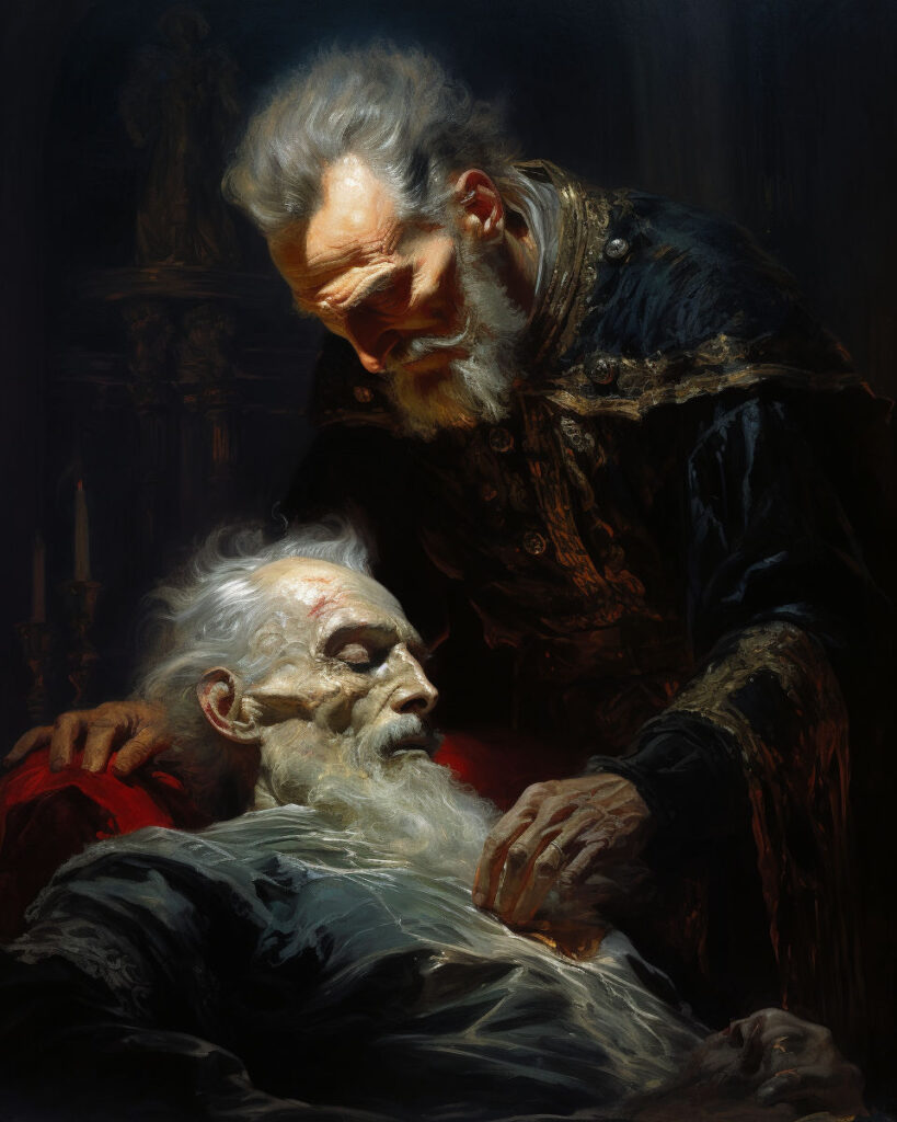 Digital painting of an old man leaning over his deceased father.