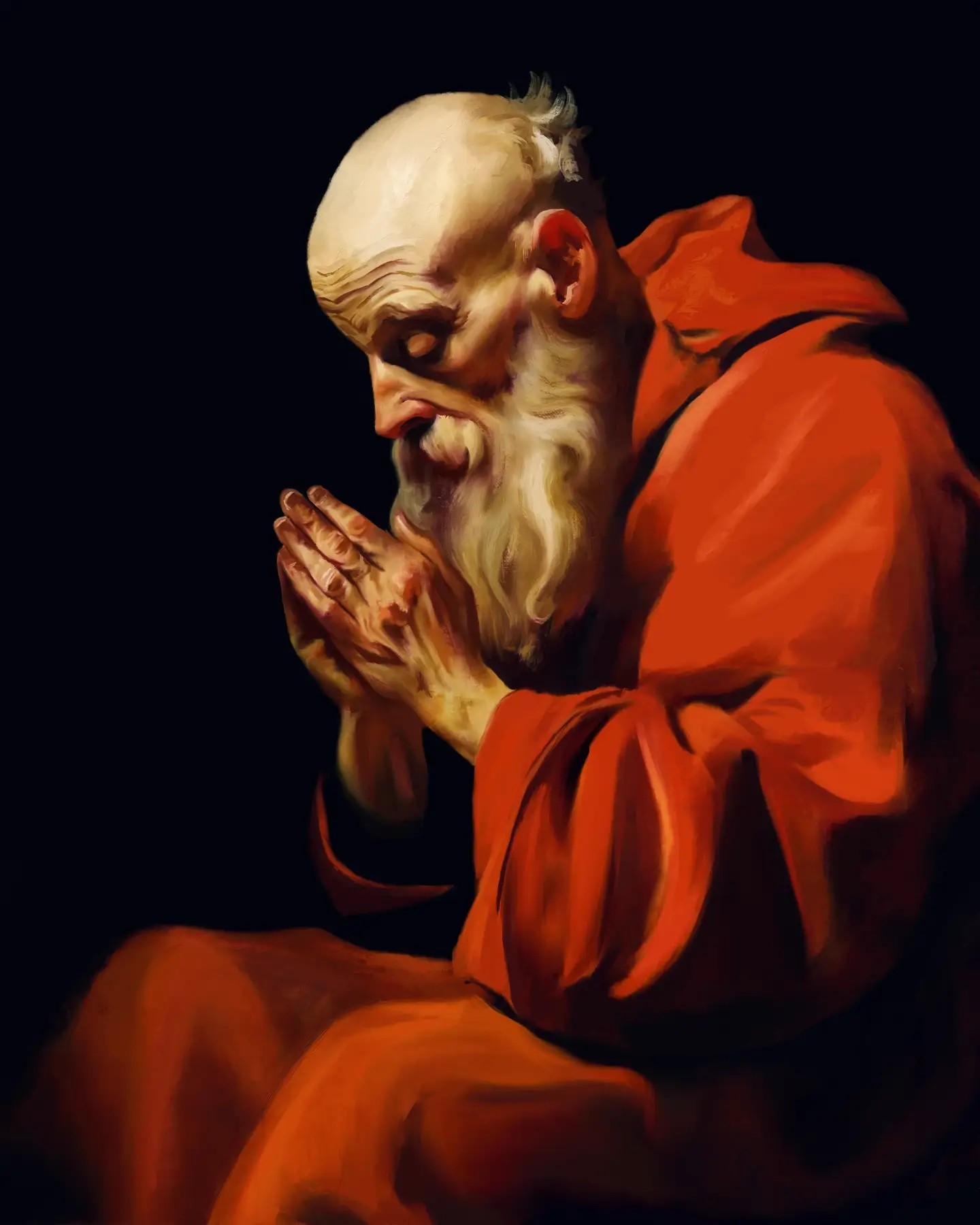 An old monk in a red robe praying.