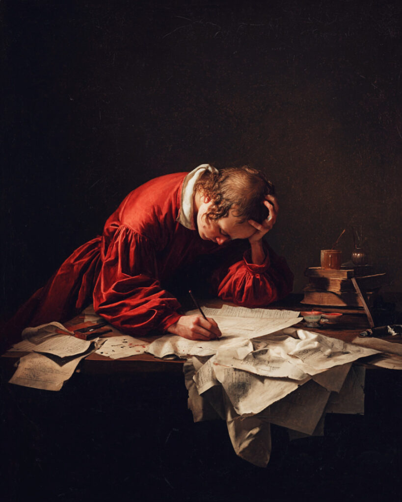 A painting of an artist hunched over a desk full of papers. They are struggling to write something.