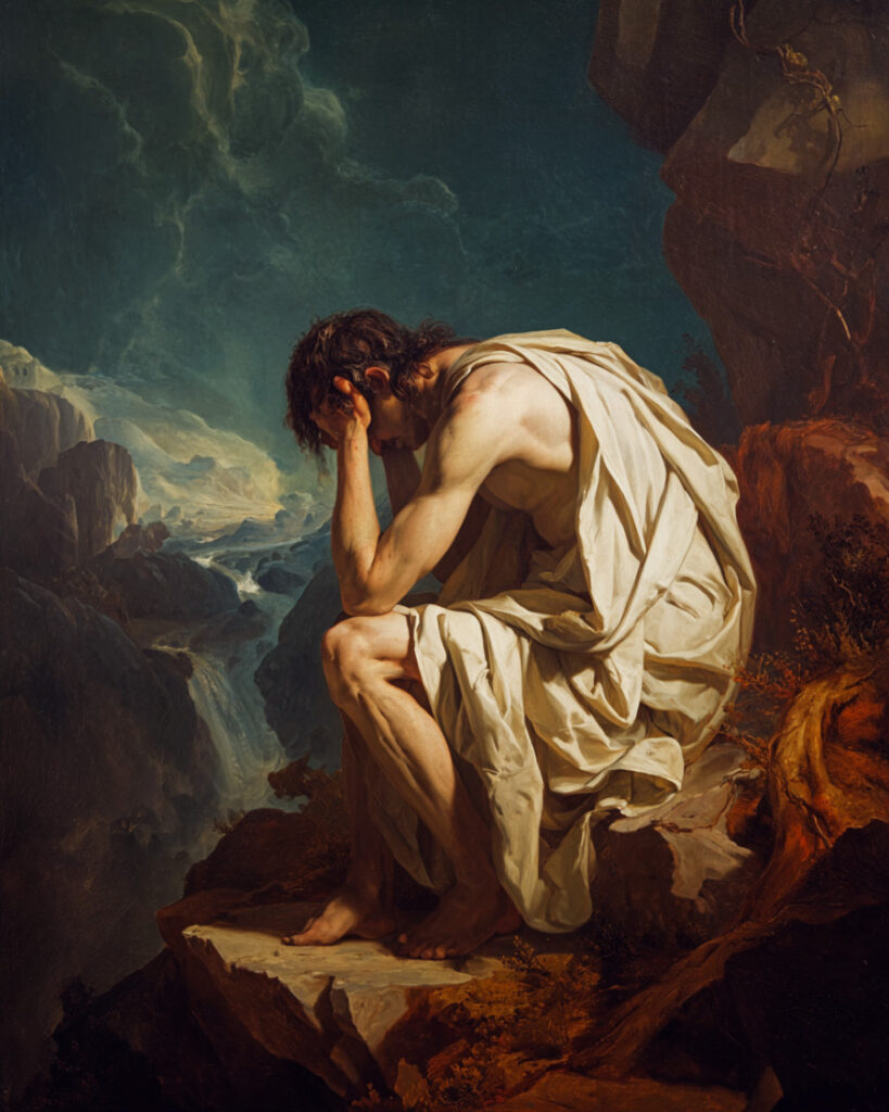 A man sitting on a cliffside, hunched over with his head in his hands.